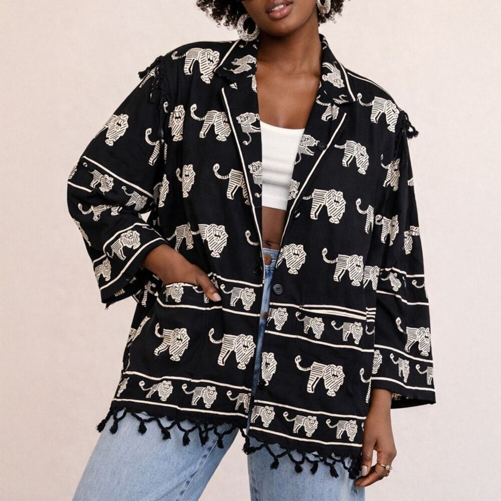 Sam Hilu Lion Print Fringe Hem Oversized Blazer Jacket Size M